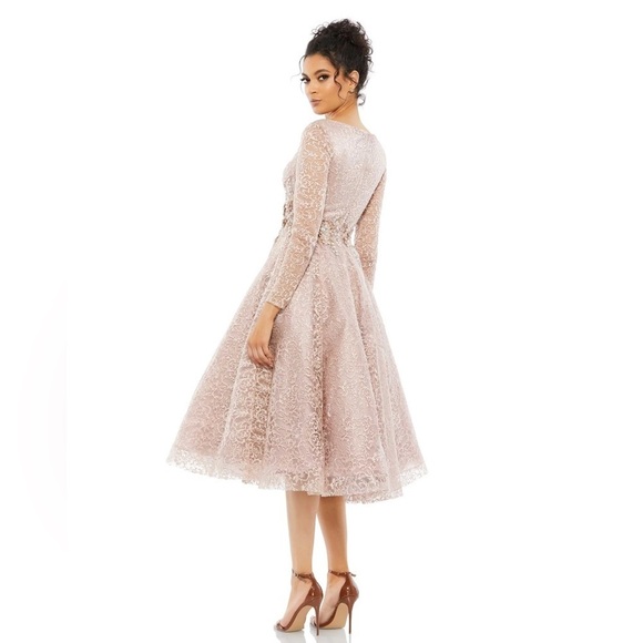 Mac Duggal 11218 NWT Long Sleeve Tea Length Dress with Embellished Waist - Picture 2 of 7